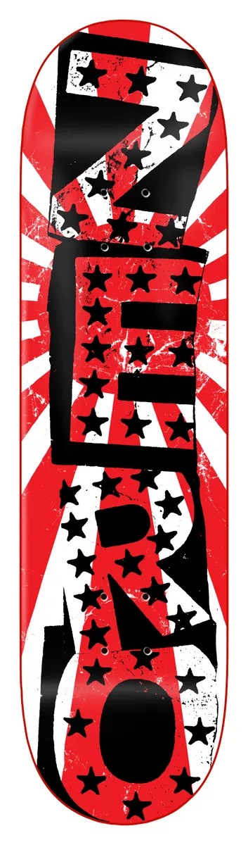 Zero Rising Punk 8.0 skateboard deck: Large black stencil-style lettering with scattered stars over a red and white rising-sun burst with cracked, distressed texture.