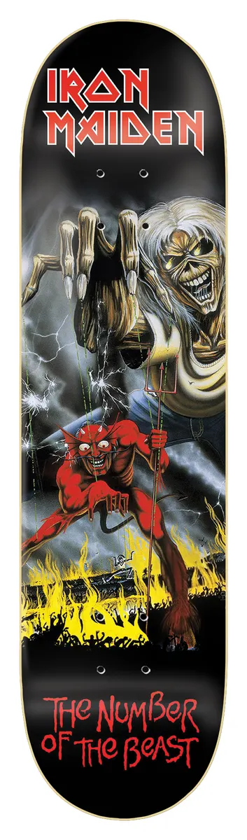 Iron Maiden Iron Maiden - The Number Of The Beast 8.25 skateboard deck: Iron Maiden album artwork: the undead mascot Eddie looming at top right, puppeteering a red horned devil with a trident standing in flames. Band name in red lettering at top, album title at bottom, on black.