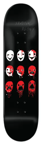 Zero Sandoval - Agony 8.125 skateboard deck: Black deck with a three-by-three grid of spray-painted masks, moving from smiling white faces at the top, through red faces with blood, to screaming red faces dripping red at the bottom. Faint grey rider and title text sits at the top.