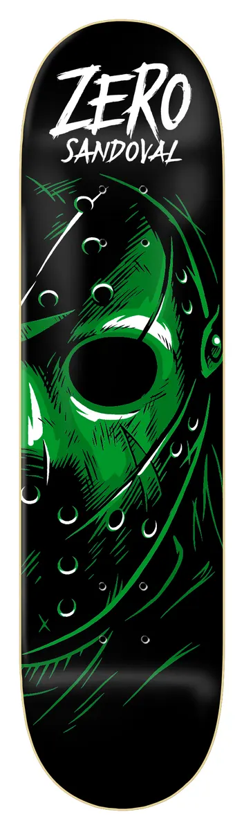 Zero Sandoval - Fright Night - 8.5 skateboard deck: Close-up of a green-tinted hockey goalie mask with a dark eye hole and water droplets on black, in a horror illustration style. Zero and Sandoval in white brush lettering at the top.
