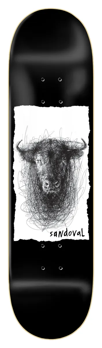 Zero Sandoval - Ilo Ballpoint skateboard deck: Black deck with a torn white paper panel holding a scribbled ballpoint-pen drawing of a bull's head, with the name sandoval handwritten beneath it.