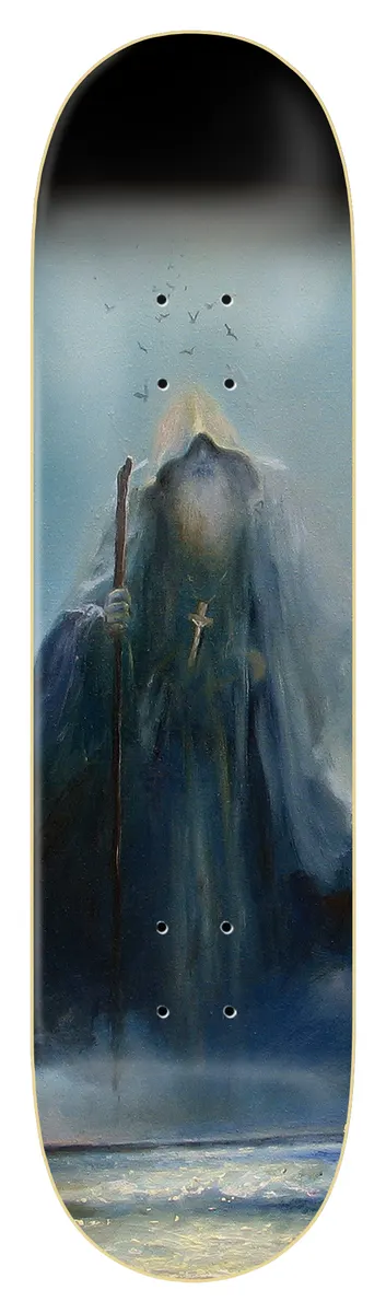 Zero Sandoval - Nocturne skateboard deck: Moody painting of a tall hooded, bearded wizard-like figure holding a staff and wearing a cross, face tilted upwards, with birds in the sky above a misty sea in blue-grey tones.