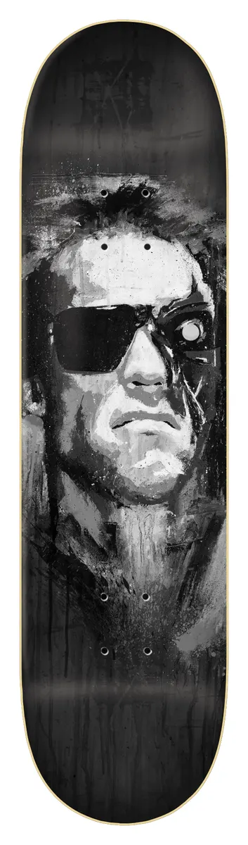 Zero Sandoval - Terminator 8.375 skateboard deck: Monochrome painted portrait of a man's face with dark sunglasses, with one side showing a metallic robotic eye, rendered in loose black, grey and white brush strokes against a black background.