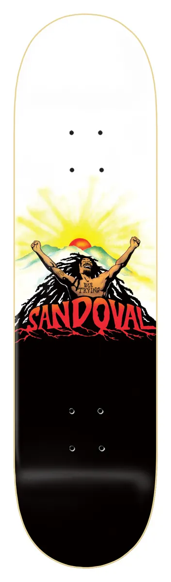 Zero Sandoval - Uprising 8.375 skateboard deck: A dreadlocked figure with raised fists rises from a mass of long hair against a rising sun and green hills, with a red name logo dripping roots over a black lower half. The upper half is white.