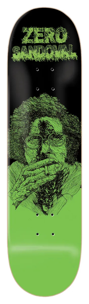 Zero Sandoval - Zombie 8.125 skateboard deck: Green line-drawn portrait of a bespectacled, curly-haired figure smoking a cigarette, with decayed zombie details, on black fading to solid green at the tail. Slimy 'ZERO SANDOVAL' lettering at the top.