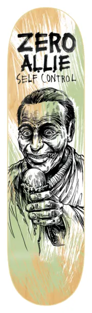 Zero Self Control - Allie 8.5 skateboard deck: Black ink illustration of a man with a zipped-shut mouth holding a dripping ice cream cone, on a pale green and tan scratchy background. 'ZERO ALLIE' in bold hand-lettering with 'SELF CONTROL' beneath.
