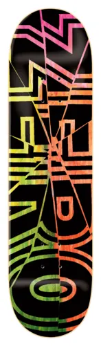 Zero Wimer Bold 8.0 skateboard deck: Large Zero lettering in a bold outline typeface, cracked across by shattered-glass lines, filled with a pink, orange and yellow-green gradient on a black deck.