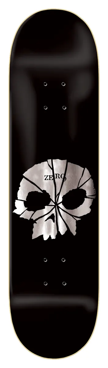 Zero Shattered Single Skull (Silver Foil) skateboard deck: A single silver foil skull with cracked, shattered glass lines across it and the Zero name printed on its forehead, centred on a glossy black deck.