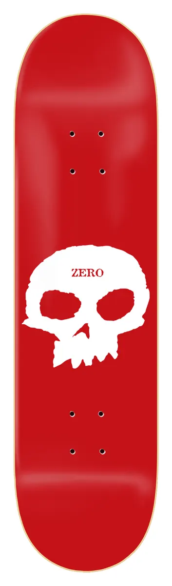 Zero Single Skull - Red/White skateboard deck: Large white ragged-edged skull on a solid red deck, with the brand name printed in red across the forehead.