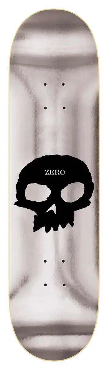 Zero Single Skull - Silver Foil skateboard deck: Black hand-cut skull with the Zero name on its forehead, printed on a brushed silver foil deck.