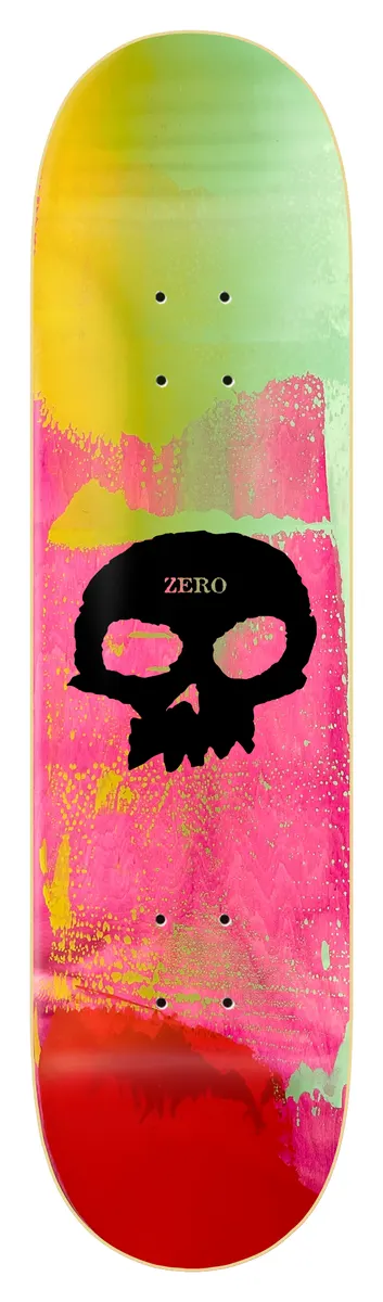 Zero One - Off Hand Screened Single Skull - Black Skull skateboard deck: Black Zero single skull logo on a hand-screened background of smeared pink, yellow, green and red paint.