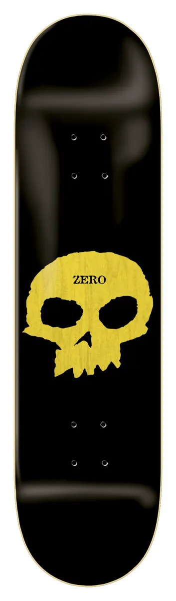 Zero Single Skull Yellow Pricepoint skateboard deck: Yellow roughly drawn skull with the brand name across its forehead, centred on a glossy black deck with a faint dark shadow lettering behind.