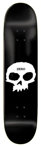 Zero Single Skull skateboard deck: Plain black deck with a large white ragged-edged skull centred on the lower half. The Zero name is printed in small serif capitals across the forehead.