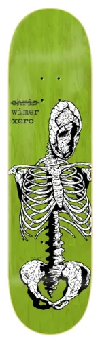 Zero Skeletal - Wimer 8.25 skateboard deck: Drawn skeleton torso with ribcage, spine and pelvis, its skull cracked and hollow, in black and white linework on a green stained deck. Rider name and brand are handwritten at the top, with the first name struck through.