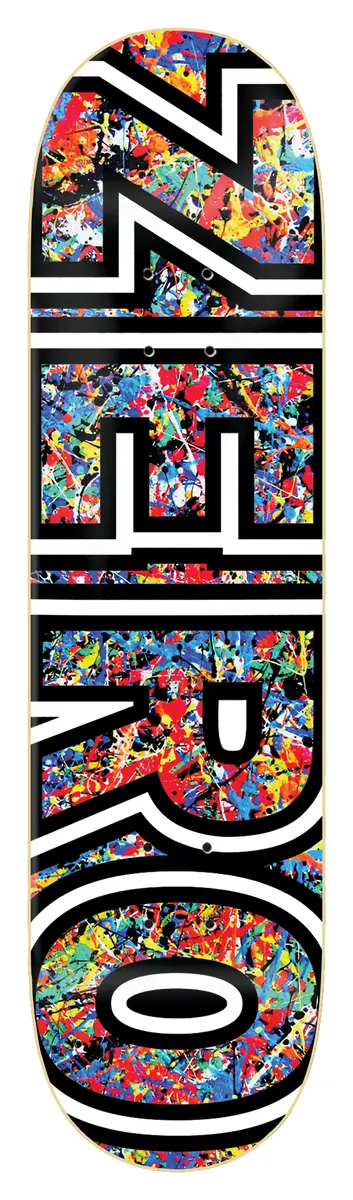 Zero Splatter Bold - Brockman skateboard deck: Black deck with huge white-outlined block letters spelling ZERO along its length, filled with multicoloured paint splatter in red, blue, yellow and green.