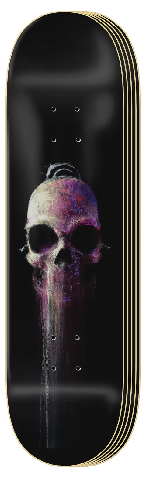 Zero Springfield Horror - 5 Set skateboard deck: Painterly skull in purple, pink and cream tones with paint dripping down from its jaw, on a black deck.