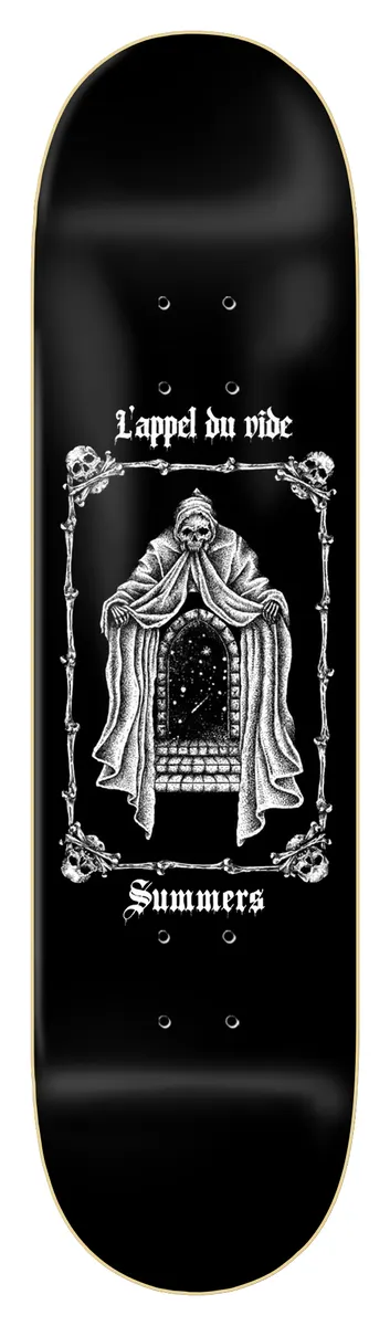 Zero Summers - Call Of The Void 8.25 skateboard deck: Engraving-style hooded skeleton in a robe opening a cloak to reveal a starry arched doorway, inside a bone-and-skull border. French text 'L'appel du vide' above and 'Summers' below, in white on black.