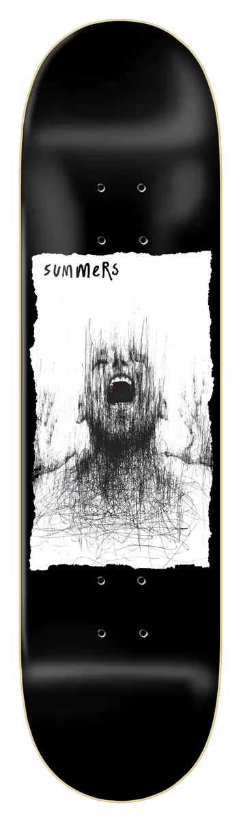 Zero Summers - Ilo Ballpoint skateboard deck: Black deck with a torn white paper panel holding a scribbled ballpoint-pen drawing of a screaming figure with raised hands, with the name summers handwritten at the top.