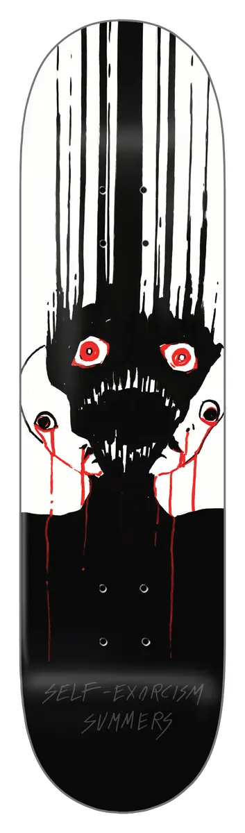 Zero Summers - Self Exorcism 8.375 skateboard deck: Black ink figure with a gaping fanged mouth and bloodshot red eyes, its face dripping in long vertical streaks, flanked by two pale heads weeping red blood, on a white upper half over black. Title and rider name in thin script at the tail.