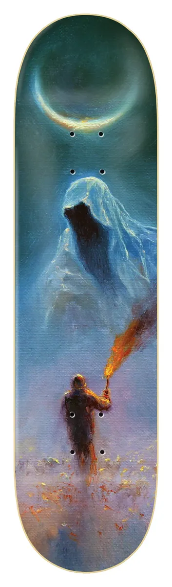 Zero Summers - When The Mind Sleeps skateboard deck: Moody oil-painting style scene of a lone figure holding a flaming torch walking towards a hooded ghostly shape in a snowy mountain landscape, under a crescent moon, in teal, blue and purple tones.