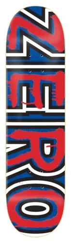 Zero Burman - Tagged Bold 8.375 skateboard deck: The Zero name is printed in huge bold block letters running the length of the deck, in red with a rough brushed texture over blue, outlined in white and black.