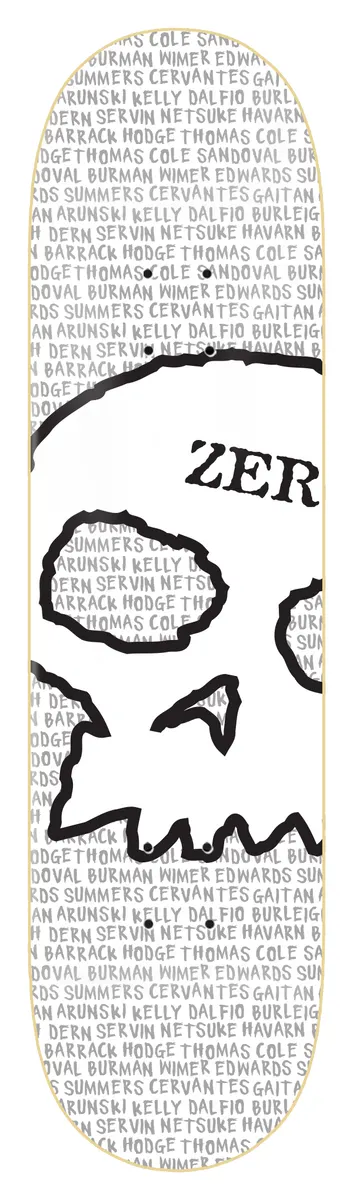 Zero Team Skull - Small Batch skateboard deck: Large black-outlined Zero skull with the Zero name at top, over a white background covered in repeated grey rider surnames.