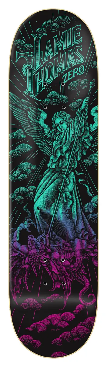 Zero Thomas - Archangel 8.25 skateboard deck: Engraving-style winged archangel in flowing robes spearing a dragon amid swirling clouds, rendered in teal fading to magenta on black. Jamie Thomas name in ornate lettering with Zero logo at the top.