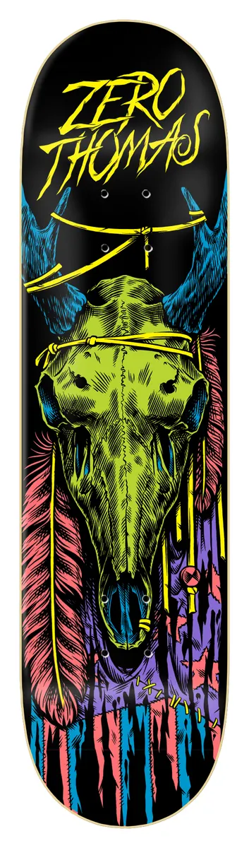 Zero Thomas - Black Light skateboard deck: Black-light poster style illustration of a green animal skull with blue horns, hung with yellow cord, pink feathers and a purple and pink fabric. Yellow brush lettering at the top.