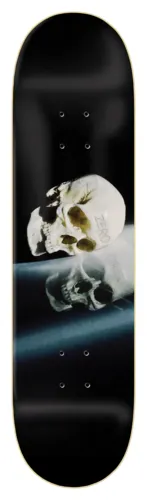 Zero Thomas - Death Awaits skateboard deck: A realistic photograph of a human skull resting on a glossy surface and reflected below it, set against a black deck. The Zero name is faintly printed on the skull.