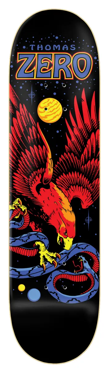 Zero Thomas - Eagle And Snake 8.25 skateboard deck: A red and orange eagle swoops down with talons on a blue snake against a starry black sky with a yellow moon and small planets. Rider and Zero names in blue and orange lettering at the top.