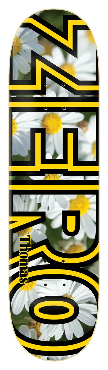 Zero Thomas - Floral Bold skateboard deck: Large ZERO block letters in black and yellow outline filled with a photograph of white daisies, on a black deck, with Thomas written along the lower letters.