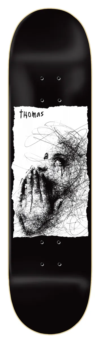 Zero Thomas - Ilo Ballpoint skateboard deck: Black deck with a torn white paper panel holding a scribbled ballpoint-pen drawing of a figure covering their mouth with a hand, with the name thomas handwritten at the top.