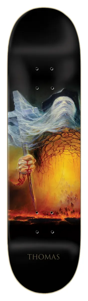 Zero Thomas - Katharsis II 8.5 skateboard deck: A painted scene of a ghostly white-robed figure with a flowing shroud, holding a blood-stained dagger in a clenched hand, above a glowing orange sky and a fiery horizon with a crowd of tiny figures; 'Thomas' in small gold letters at the base.