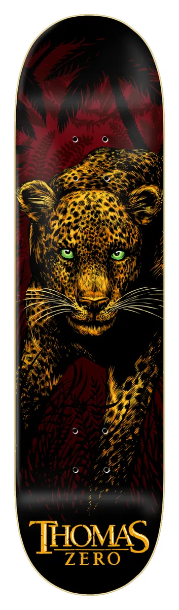 Zero Thomas - Leopard - *unsigned* skateboard deck: Detailed illustration of a prowling leopard with green eyes, stepping forward through dark red jungle foliage. 'Thomas Zero' in gold lettering at the bottom.