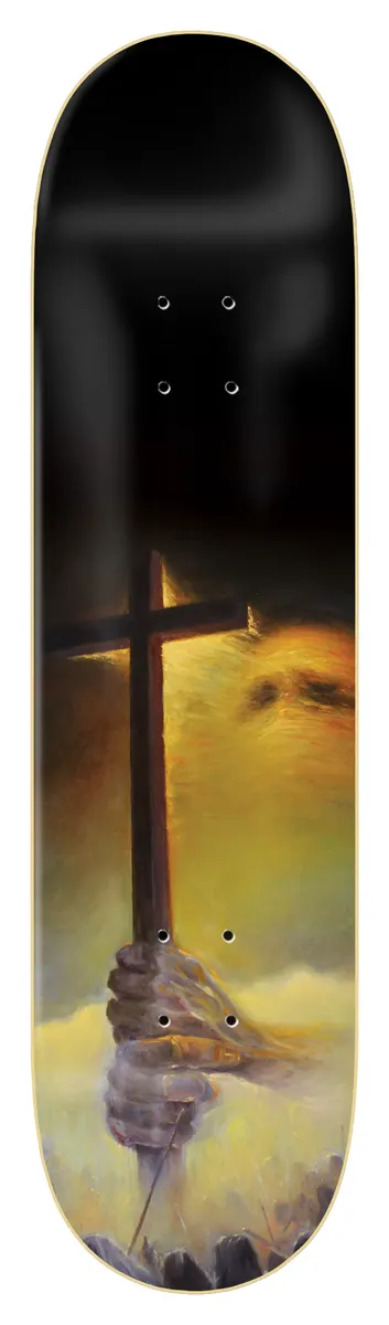 Zero Thomas - Monastery skateboard deck: Dark oil painting of a gloved hand gripping a tall wooden cross in front of a hazy yellow sky, with rocks at the bottom and a black upper half.