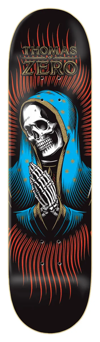 Zero Thomas - Our Lady 8.25 skateboard deck: Praying skeleton in a blue star-spangled hooded veil, in the style of a Madonna, set against radiating red lines on a black deck, with rider name and Zero lettering in gold at the top.