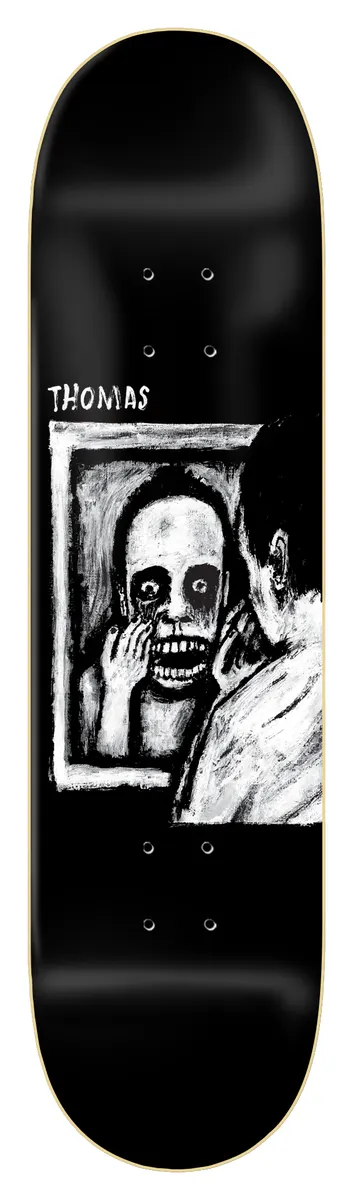 Zero Thomas - Reflection 8.5 skateboard deck: Rough black and white painting of a figure looking into a mirror at a ghoulish, wide-eyed face with hands pressed to its cheeks, on a glossy black deck with 'THOMAS' at the top.