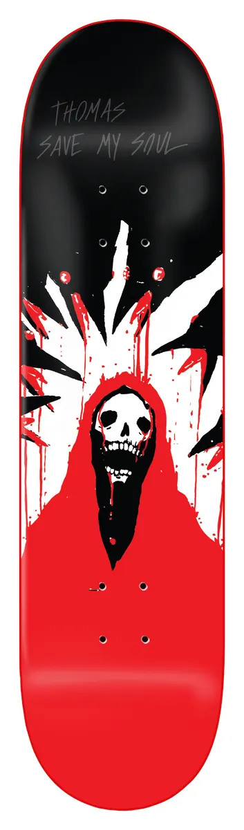 Zero Thomas - Save My Soul - Red Dip 8.25 skateboard deck: Hooded skull figure with a bleeding mouth in a red robe, with white jagged rays and red drips behind, on a deck with black top and red dipped lower half. Thomas Save My Soul in scratchy grey type at the top.