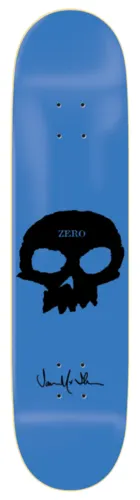 Zero Thomas - Signature Single Skull 7.625 skateboard deck: Single large black ragged-edged skull centred on a plain blue deck, with ZERO printed on the forehead and a rider signature in black below.
