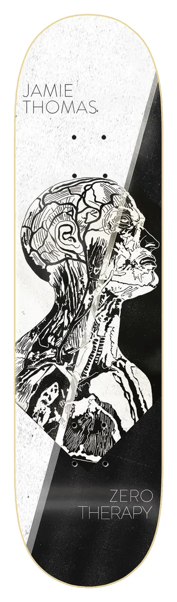 Zero Thomas - Therapy 8.5 skateboard deck: An anatomical engraving of a human head and neck in profile showing muscles and veins, set on a deck split diagonally between white and black, with the rider name at the top and Zero Therapy at the bottom.