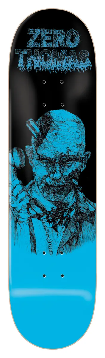 Zero Thomas - Zombie 8.0 & 8.25 skateboard deck: Black deck with a blue pen-style drawing of a decaying zombie in a jacket holding an old telephone receiver to his head, with a cleaver in his skull. Blue dripping lettering at the top and a solid blue tail.
