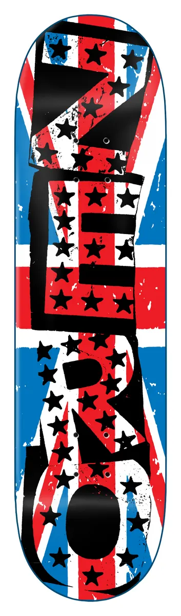 Zero Uk Punk 8.25 skateboard deck: Union Jack flag design with black stars scattered across it and a large ragged black 'ZERO' lettering running down the length of the deck.