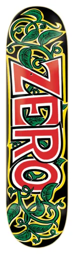 Zero Vines skateboard deck: The Zero logo in large red, white-outlined block letters runs the length of the board, entwined with green leafy vines and yellow outlines on a black background.