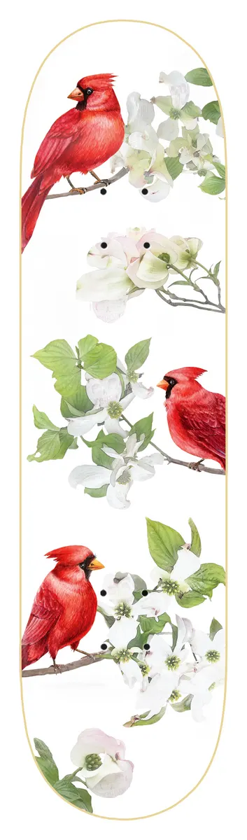 Zero Wimer - Cardinal - Small Batch skateboard deck: Watercolour-style illustration of three red cardinals perched on branches of white flowering dogwood with green leaves, on a white deck.