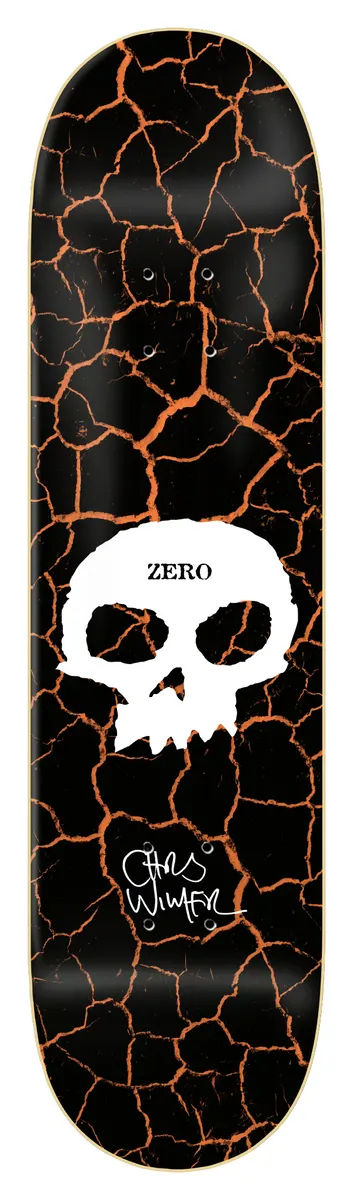 Zero Wimer - Cracked Earth - 8.375 skateboard deck: Large white Zero skull with the word ZERO above it, over a black deck covered in glowing orange cracks like dry or scorched earth, with a white signature below.