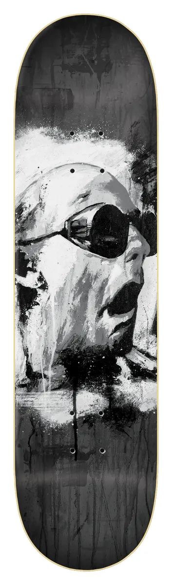 Zero Wimer - Doc 8.5 skateboard deck: Black and white painted, splattered portrait of a bald head in profile wearing round dark sunglasses, mouth open, with white paint streaks and black drips running down the deck.