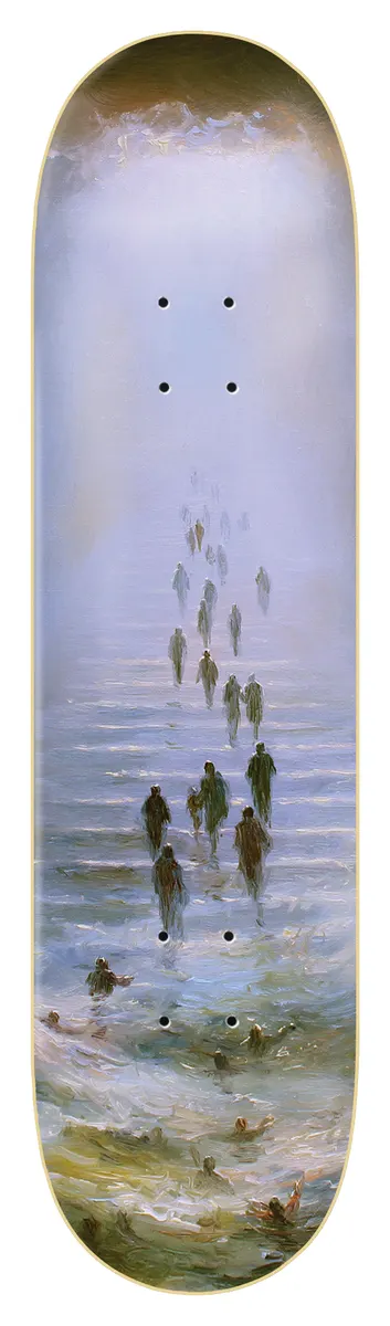 Zero Wimer - Miraculously Saved skateboard deck: Soft blue and lilac oil painting of a line of dark figures walking across the sea towards the viewer, with swimmers struggling in rough water at the bottom.