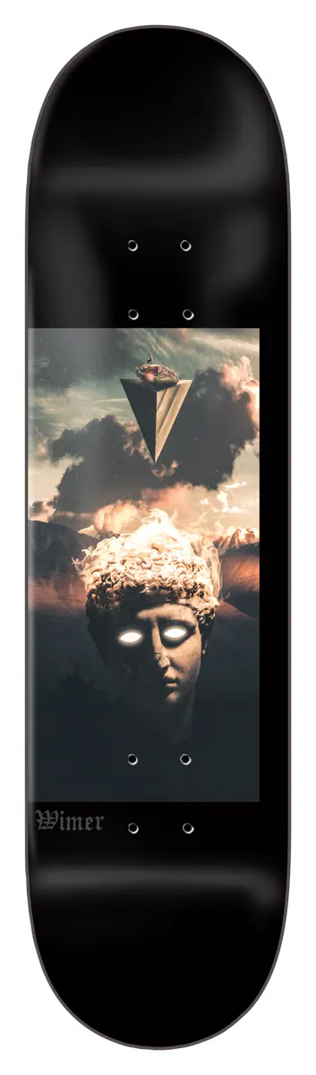 Zero Wimer - Muff - 8.625 skateboard deck: Photographic panel of a classical stone bust with glowing white eyes under a stormy sky, with an inverted triangular shape floating above, on a glossy black deck. Rider name in small gothic script.