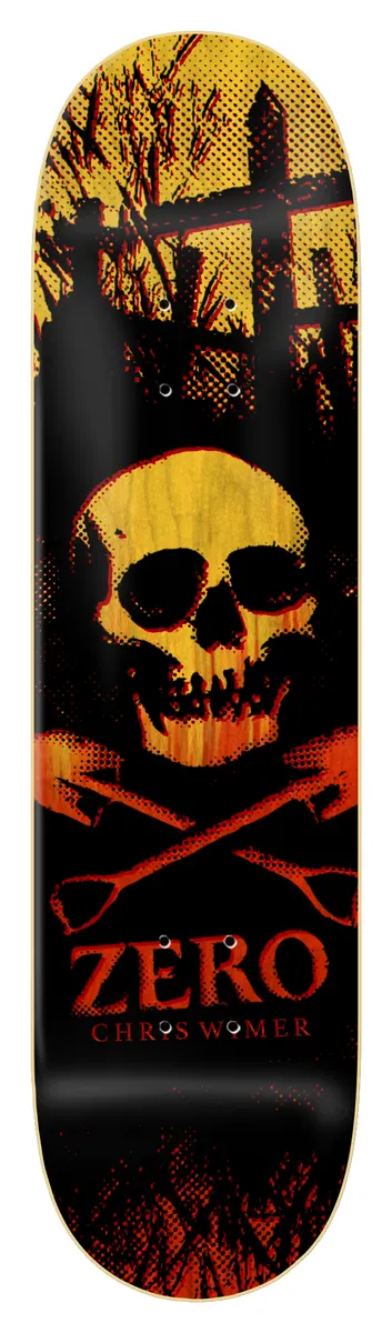 Zero Wimer - Shallow Grave 8.5 skateboard deck: A halftone-style skull above two crossed shovels, in front of a graveyard fence and silhouetted grass, in yellow and orange on black. 'Zero' and 'Chris Wimer' are printed at the tail.