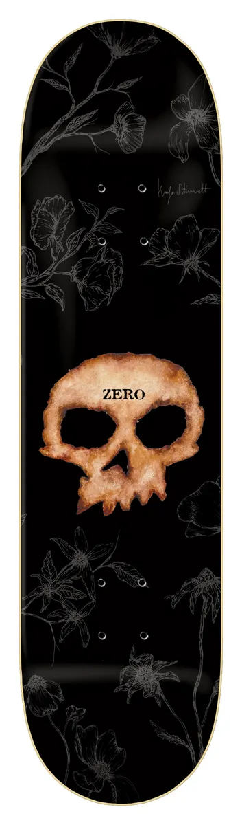 Zero Wimer - Single Skull Flowers skateboard deck: Black deck with a skull painted in watercolour-like orange and cream brown tones at the centre, Zero printed on its forehead, surrounded by faint grey line drawings of flowering stems and blossoms.